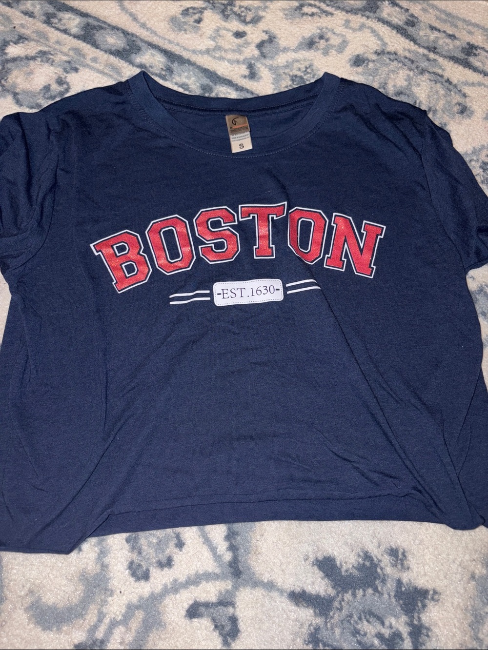 Boston Navy Graphic Tee with Red Lettering